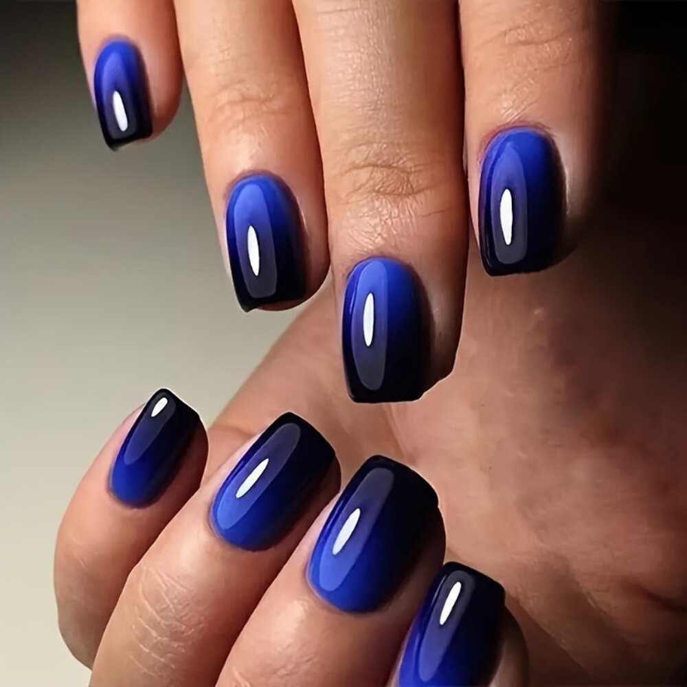 24pcs Glitter Press-On Nails, Bold Blue Shimmer, Jelly Adhesive